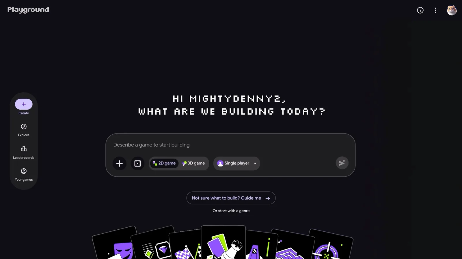 หน้าสร้างเกมของ Google Playground มีช่อง Describe a game to start building ตัวเลือก 2D game, 3D game, Single player และปุ่ม Not sure what to build? Guide me