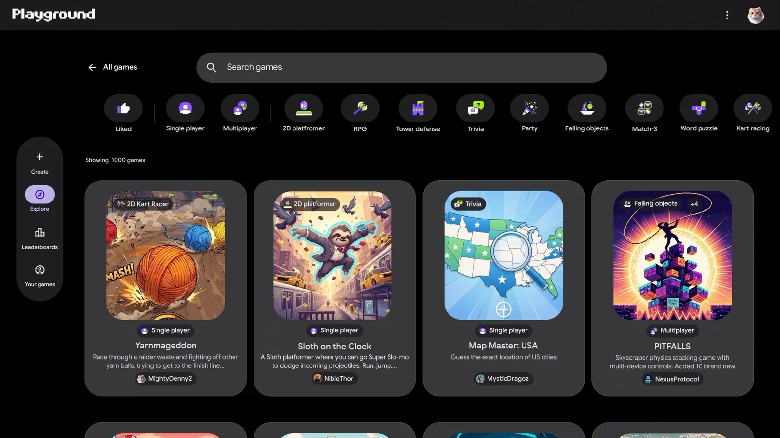 แกลเลอรี Explore ของ Playground แสดงหมวดเกม Single player, Multiplayer, 2D platformer, RPG, Tower defense, Trivia และการ์ดเกมพร้อมชื่อผู้สร้าง