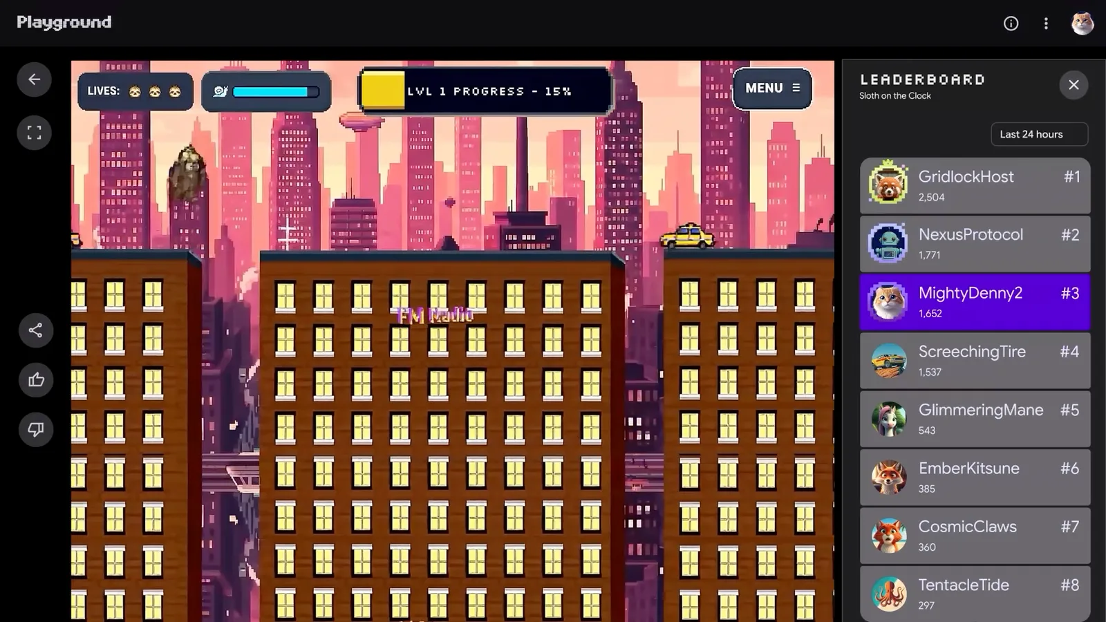 เกม Sloth on the Clock ใน Playground เล่นในเบราว์เซอร์ ด้านขวาเป็นลีดเดอร์บอร์ดช่วง 24 ชั่วโมงล่าสุด