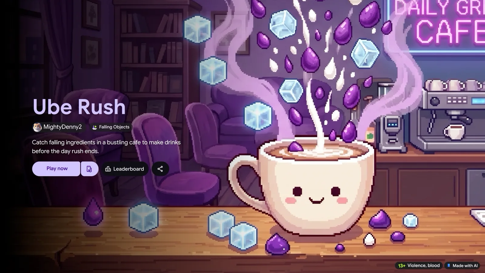 หน้าเกม Ube Rush ใน Playground เกมพิกเซลแก้วลาเต้รับน้ำตาลในคาเฟ่ พร้อมปุ่ม Play now, Leaderboard และป้าย Made with AI