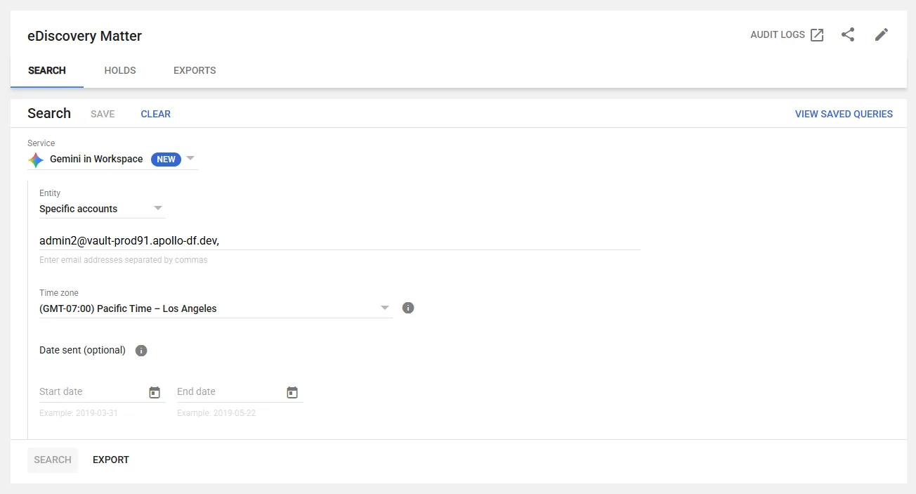 หน้าจอ Google Vault ส่งออกแชต Gemini: แท็บ Search ใน eDiscovery Matter เลือกบริการ Gemini in Workspace ที่มีป้าย NEW พร้อมช่องบัญชี เขตเวลา และช่วงวันที่