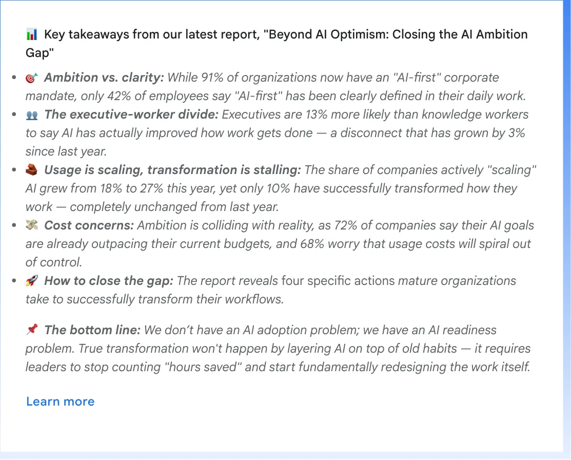 กล่อง Key takeaways ในบล็อก Google Workspace สรุปผลสำรวจ AI Ambition Gap 2026: 91% มีเป้า AI-first แต่ 42% บอกว่าชัดเจน Scaling เพิ่มจาก 18% เป็น 27% และ 72% บอกว่าเป้า AI เกินงบ