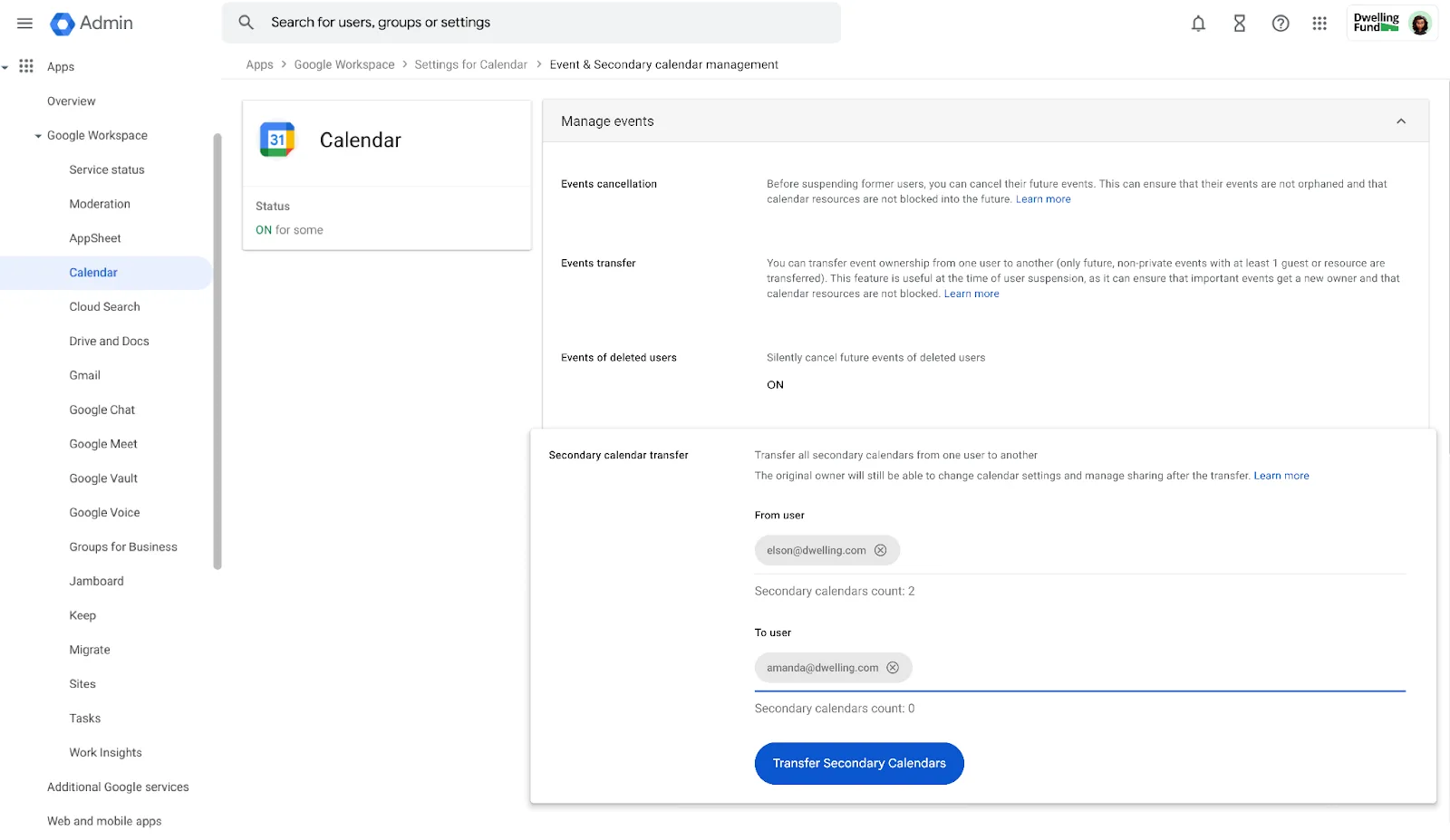 หน้า Secondary calendar transfer ใน Google Admin console ระบุ From user, To user และปุ่ม Transfer Secondary Calendars
