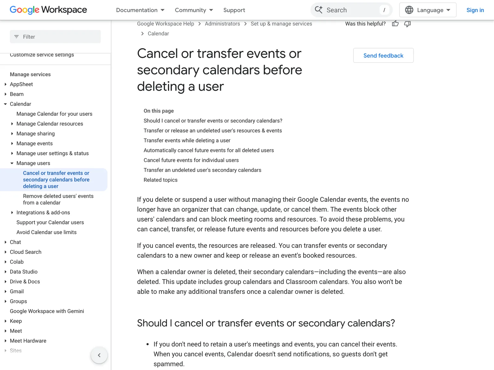 หน้า Cancel or transfer events or secondary calendars before deleting a user ใน Google Workspace Admin Help