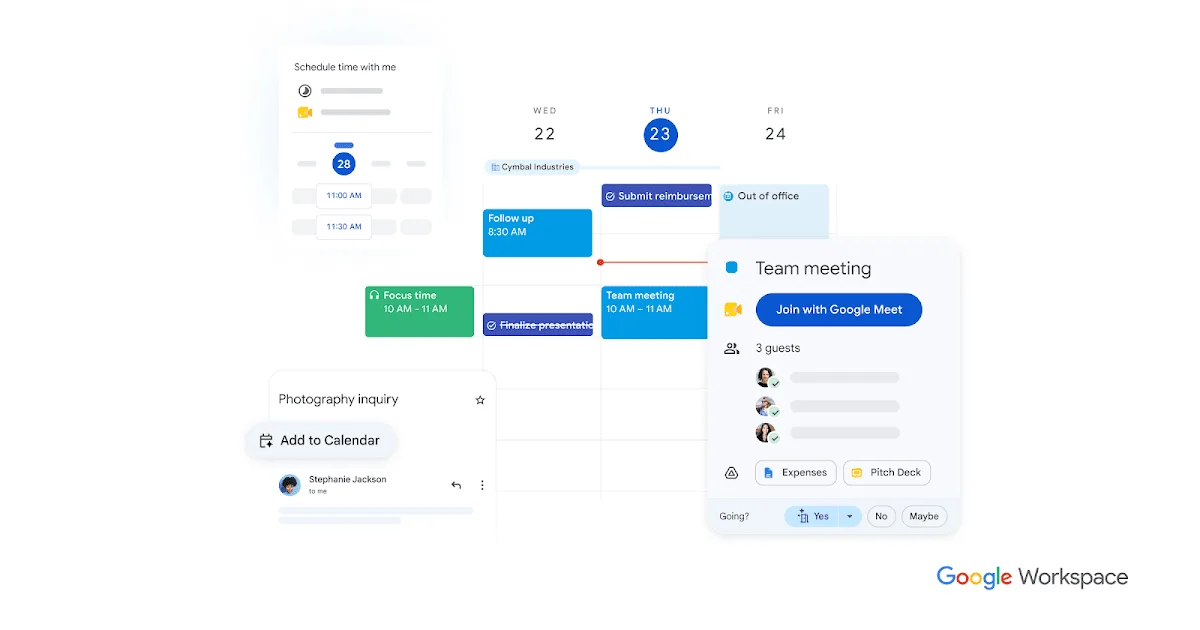 ภาพผลิตภัณฑ์ Google Calendar แสดงตารางสัปดาห์และการ์ด Team meeting ที่ใช้ประกอบข่าว Google Workspace secondary calendar