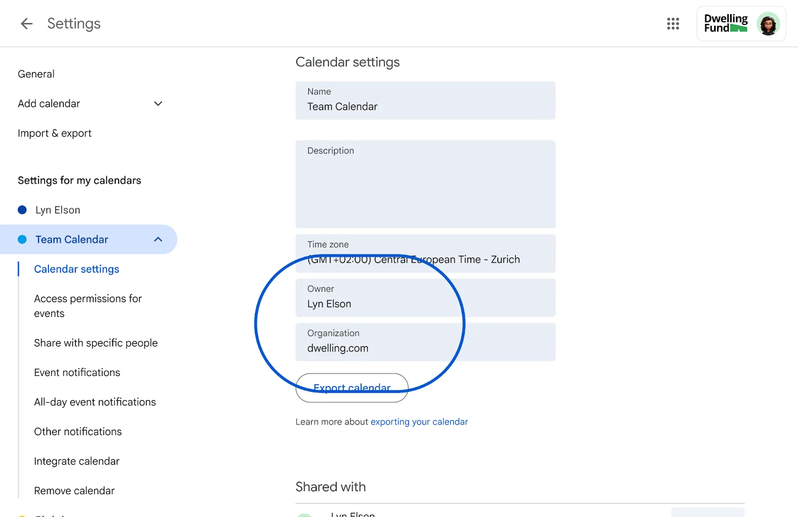 ตัวอย่าง secondary calendar ขององค์กร แสดงเจ้าของและองค์กร dwelling.com ในหน้าตั้งค่า