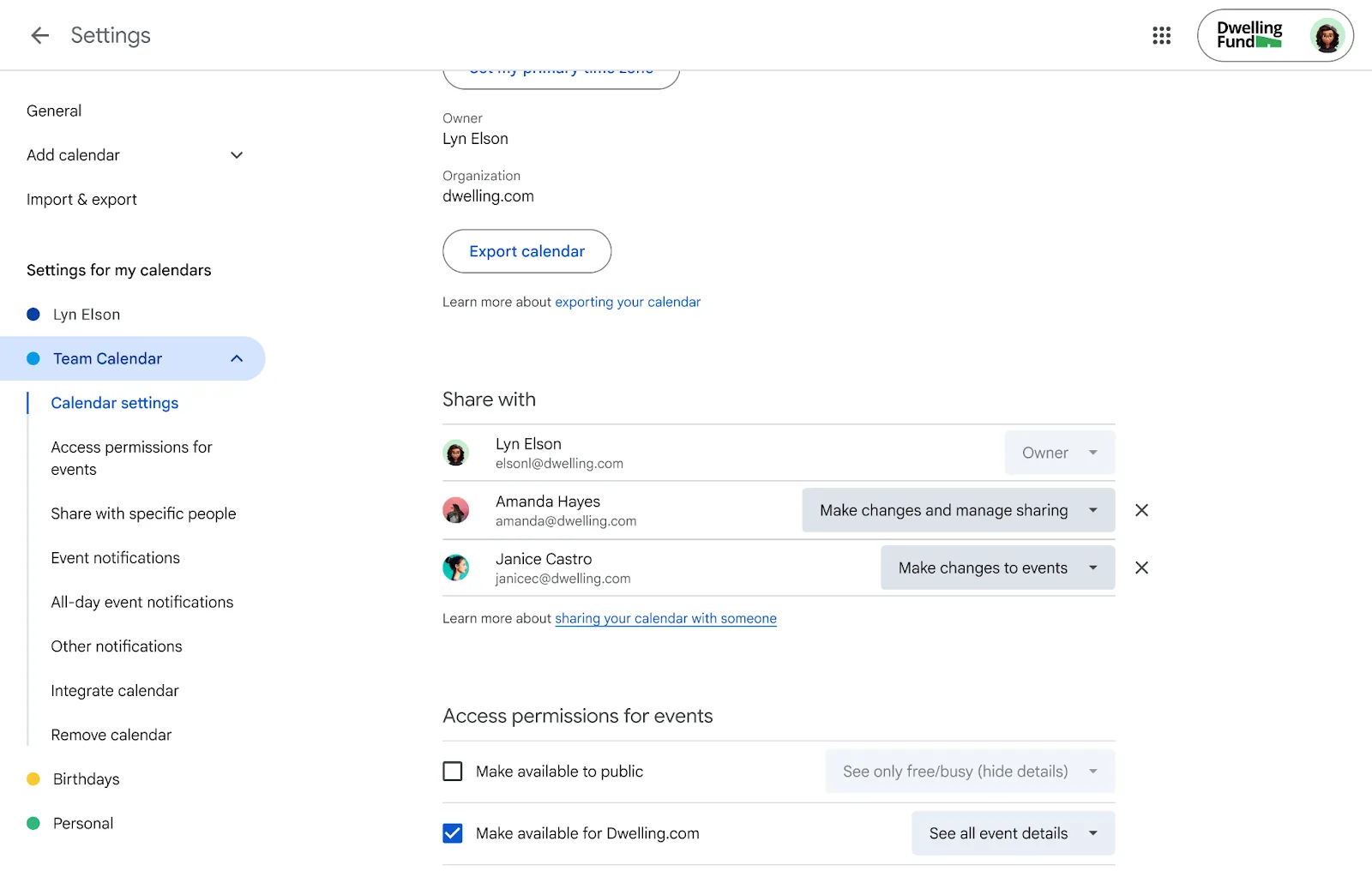 การตั้งค่า Team Calendar ใน Google Calendar แสดงชื่อเจ้าของและองค์กร พร้อมรายชื่อผู้ที่แชร์ปฏิทิน