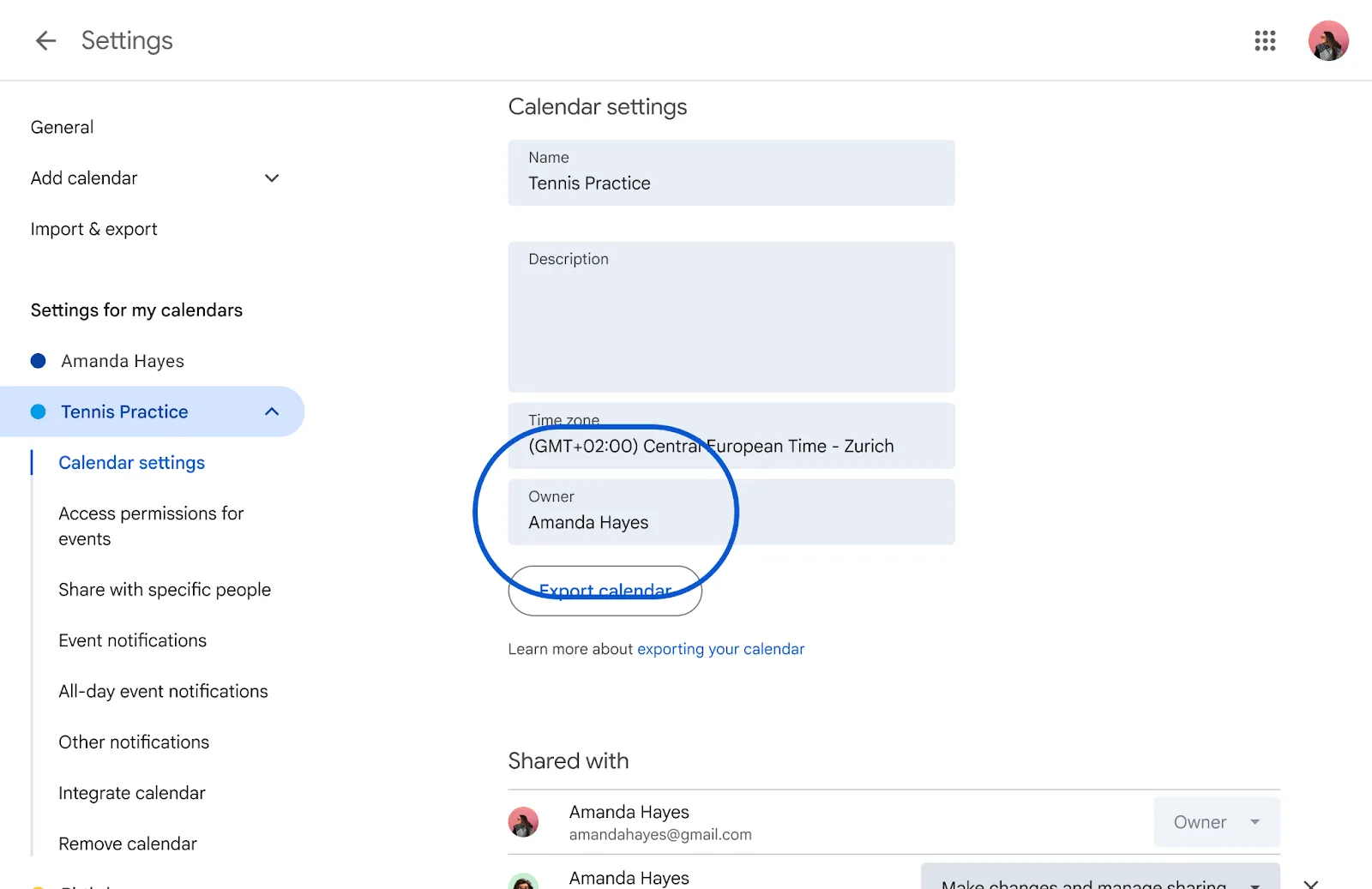 ตัวอย่าง secondary calendar แบบส่วนตัว แสดงเจ้าของโดยไม่มีองค์กร