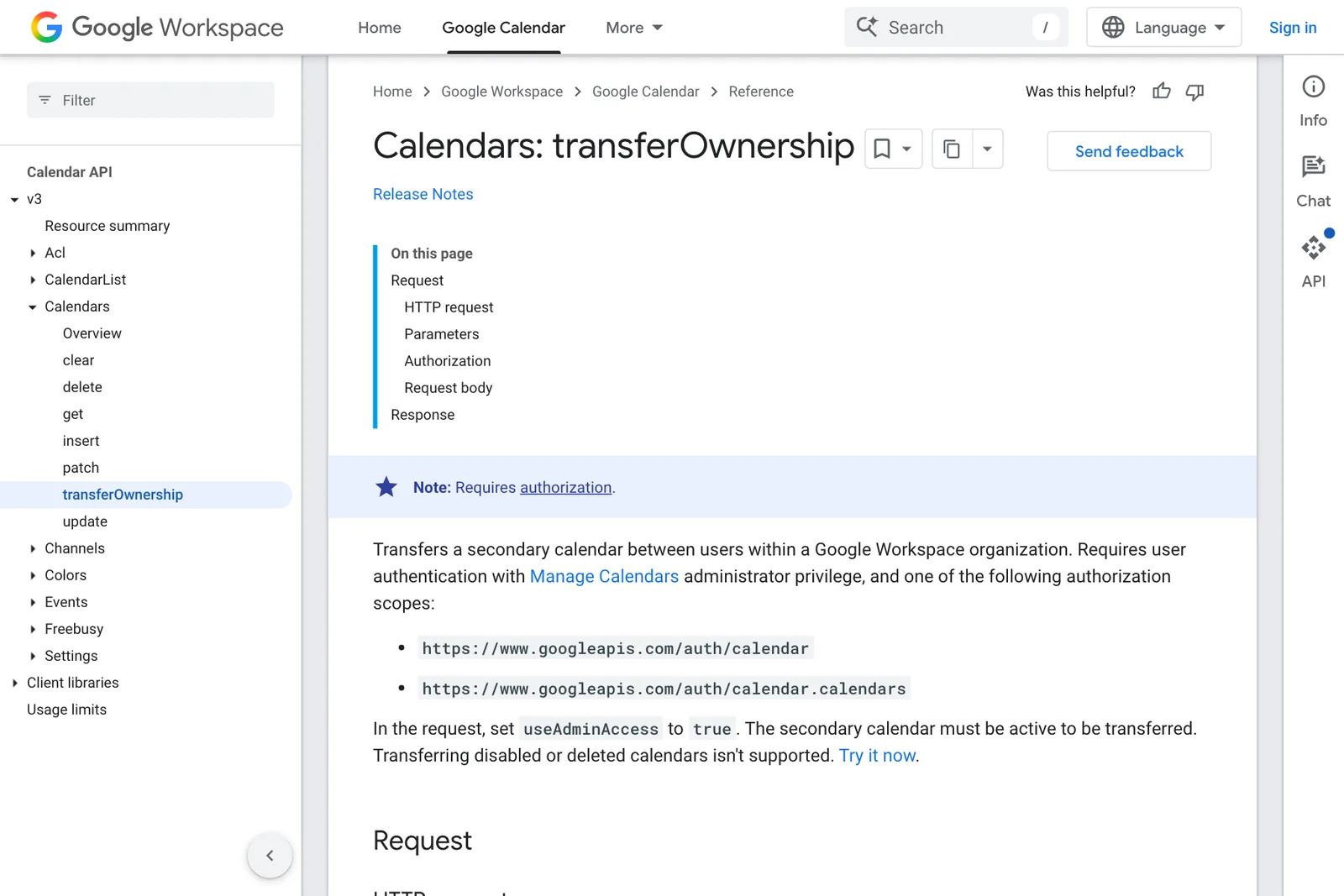 เอกสาร Calendars: transferOwnership ของ Google Calendar API