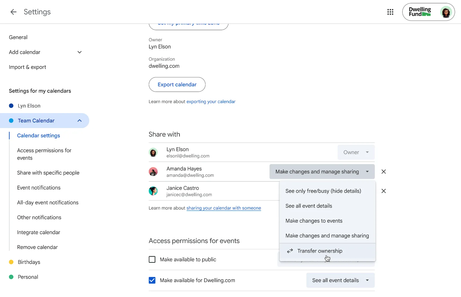 เมนูระดับสิทธิ์ใน Share with ของ Google Calendar มีตัวเลือก Transfer ownership