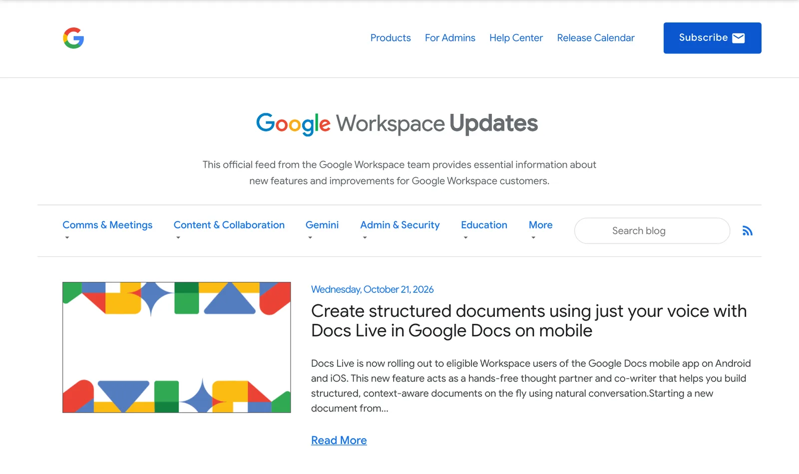 หน้าแรกบล็อก Google Workspace Updates แสดงประกาศ Docs Live วันที่ 21 ตุลาคม 2026 และเมนูหมวด Comms & Meetings, Content & Collaboration, Gemini, Admin & Security