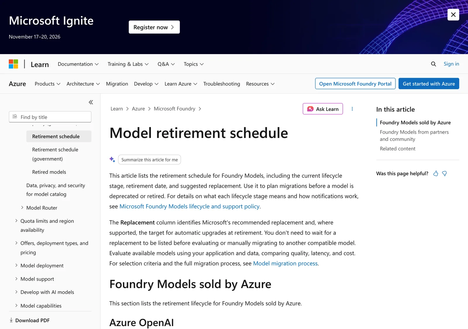 หน้า Model retirement schedule บน Microsoft Learn