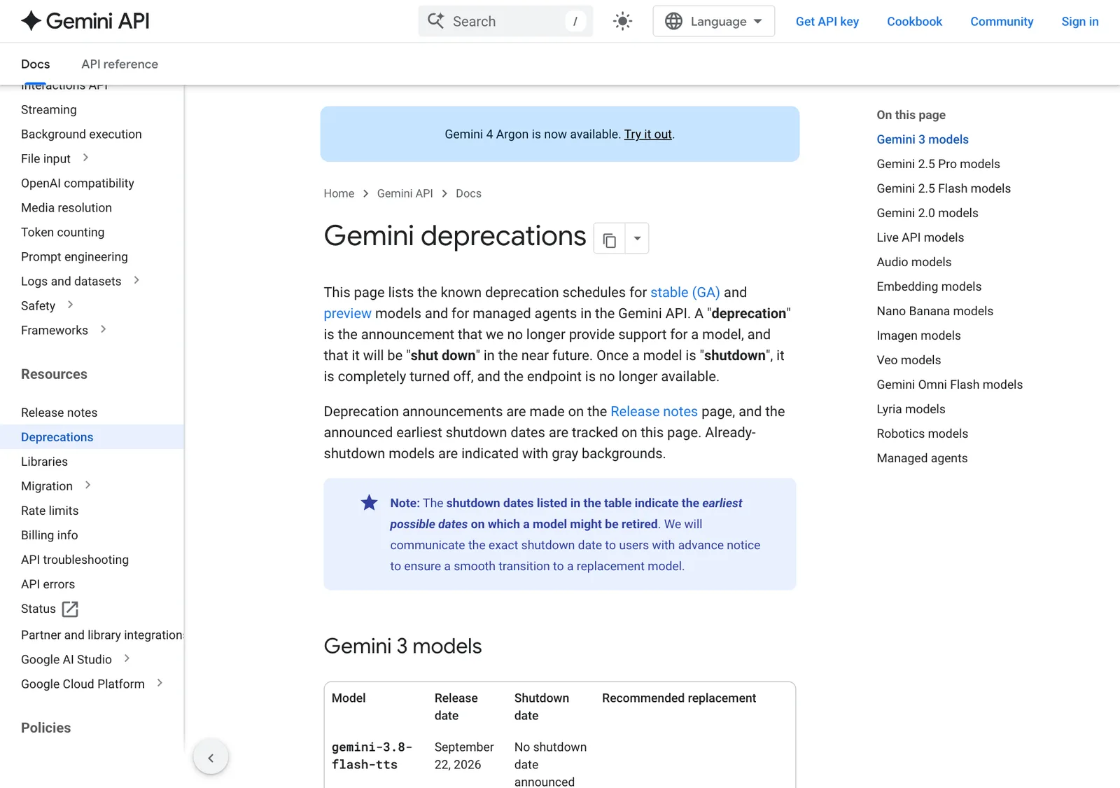 หน้า Gemini deprecations ของ Google