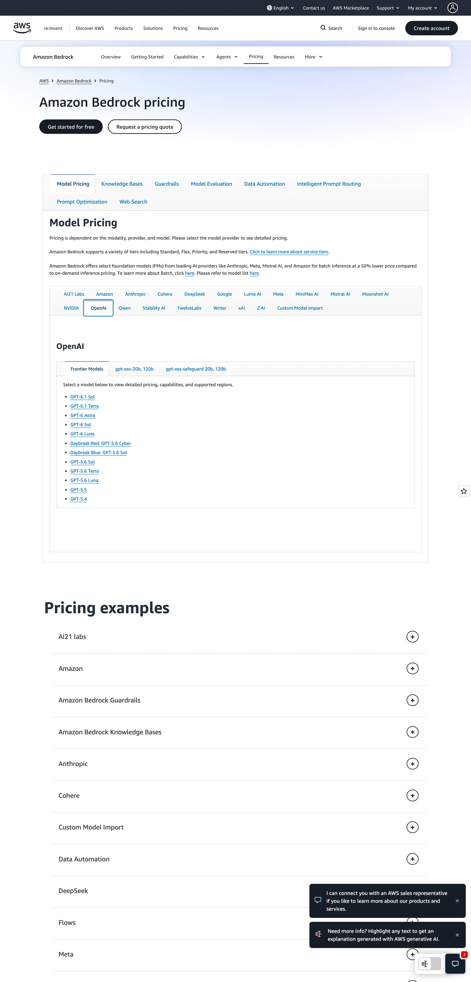 หน้า Amazon Bedrock pricing แท็บ OpenAI แสดงรายการ Frontier Models ที่เลือกดูราคาและ Region ได้ โดยมี GPT-6.1 Terra บน Amazon Bedrock อยู่ถัดจาก GPT-6.1 Sol