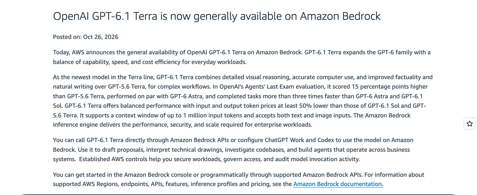 ประกาศ AWS What's New วันที่ 26 ตุลาคม 2026 เรื่อง OpenAI GPT-6.1 Terra บน Amazon Bedrock เปิดให้ใช้ทั่วไป ราคาโทเค็นต่ำกว่า GPT-6.1 Sol อย่างน้อย 50% และรองรับบริบท 1 ล้านโทเค็น