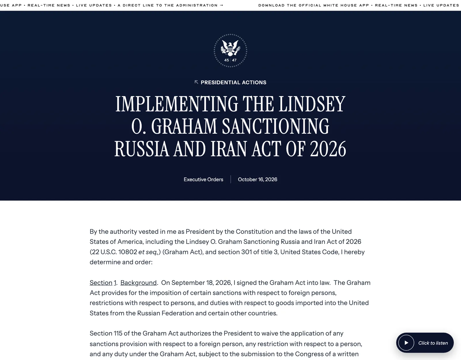 หน้าคำสั่งบริหารของทำเนียบขาว Implementing the Lindsey O. Graham Sanctioning Russia and Iran Act of 2026 ลงวันที่ 16 ตุลาคม 2026 ซึ่งยกเว้นมาตรการตาม Graham Act