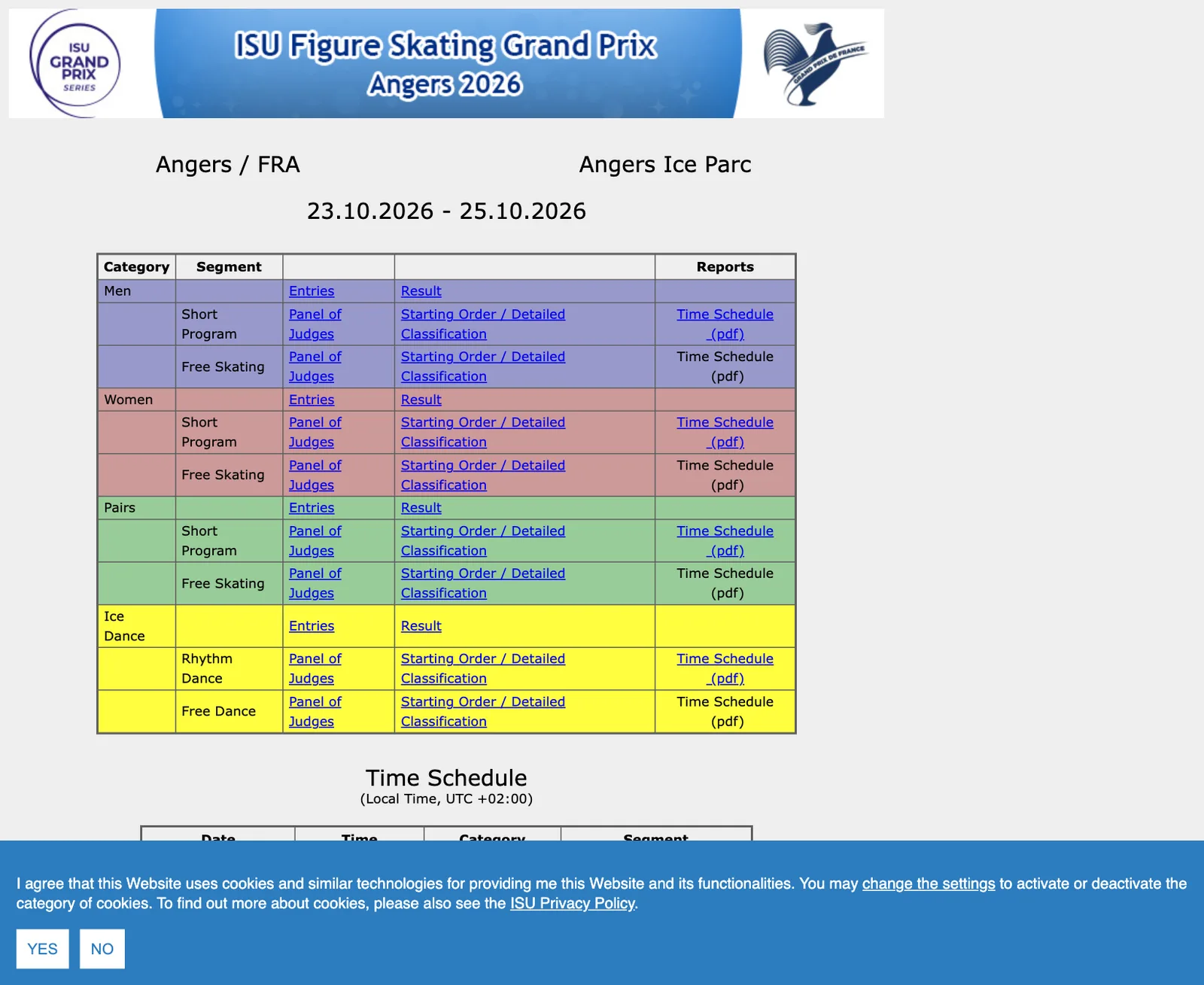 หน้ารายการ ISU Grand Prix de France 2026 สเกตลีลา บนเว็บไซต์ผลการแข่งขันของ ISU ที่ Angers Ice Parc 23–25 ตุลาคม 2026
