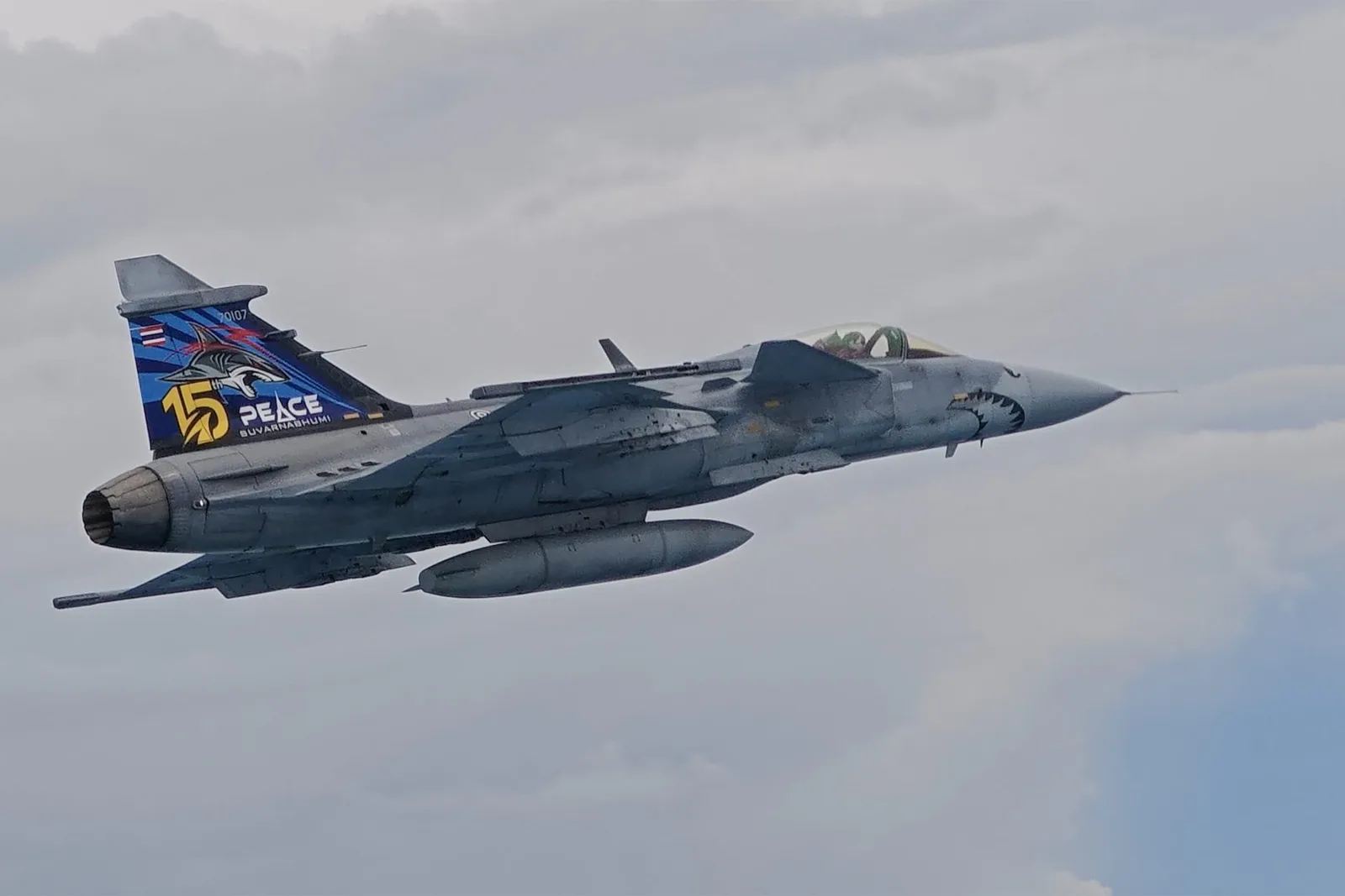 เครื่องบิน Gripen ลายหาง PEACE ขณะทำการบิน