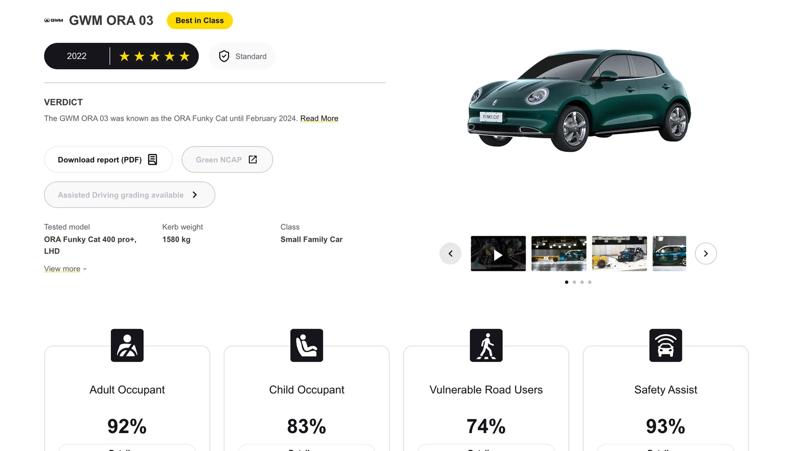 หน้าผลทดสอบ Euro NCAP ของ GWM ORA 03 ปี 2022 แสดง 5 ดาว Best in Class รุ่นที่ทดสอบ ORA Funky Cat 400 pro+ พวงมาลัยซ้าย น้ำหนัก 1580 กก. คะแนนผู้ใหญ่ 92% เด็ก 83% ผู้ใช้ถนน 74% ระบบช่วยเหลือ 93%