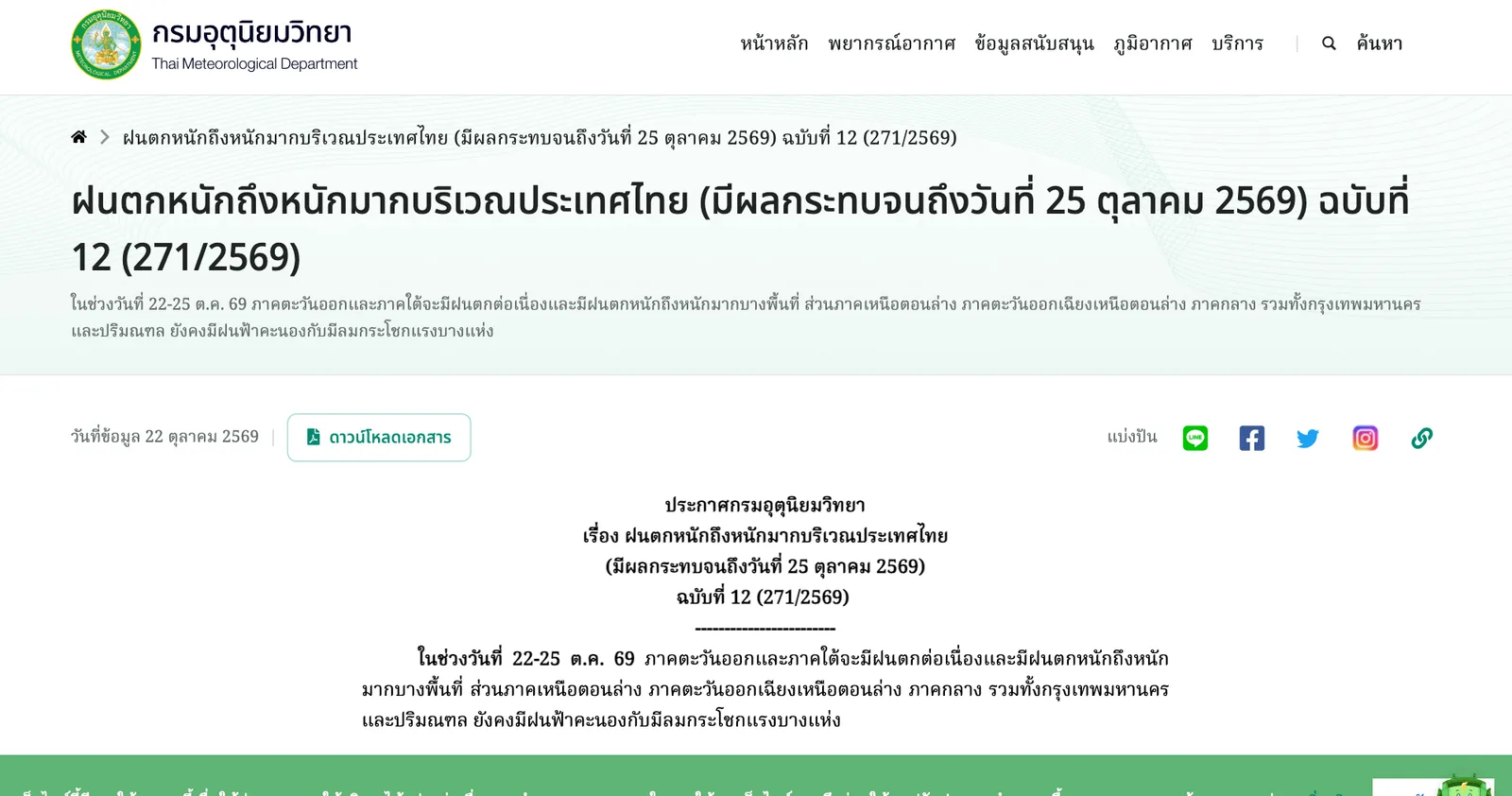 หน้าประกาศกรมอุตุนิยมวิทยา ฉบับที่ 12 (271/2569) เตือนฝนตกหนัก 22-25 ต.ค. 2569 ถึงหนักมากบริเวณประเทศไทย มีผลกระทบจนถึงวันที่ 25 ตุลาคม 2569