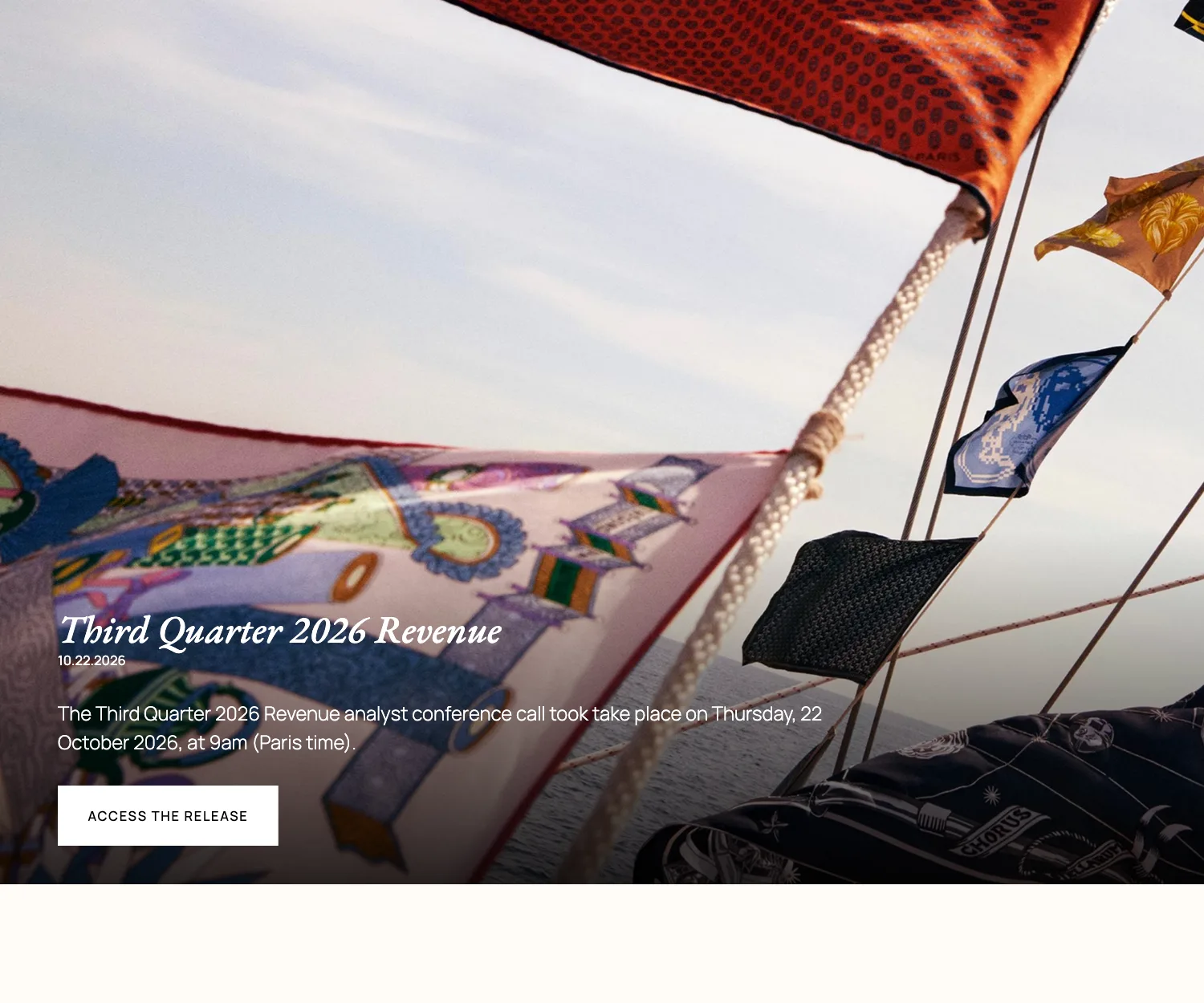 หน้าแรกเว็บไซต์นักลงทุนสัมพันธ์ finance.hermes.com วันที่ 27 ตุลาคม 2026 แสดงประกาศ Third Quarter 2026 Revenue ลงวันที่ 22 ตุลาคม 2026 และปุ่ม Access the release