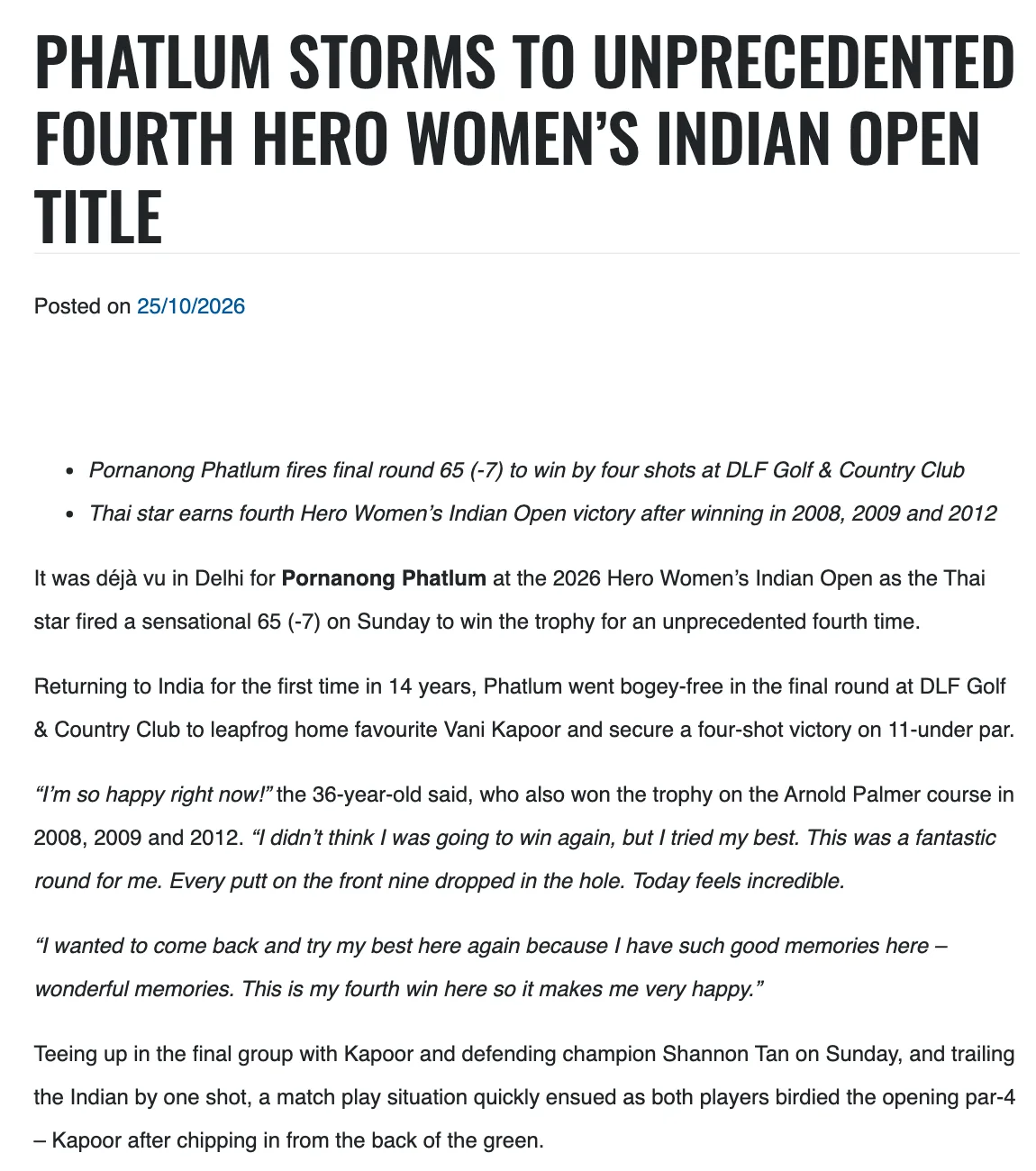 ภาพหน้าจอข่าว Ladies European Tour รายงานแชมป์ Hero Women's Indian Open 2026 ของ Pornanong Phatlum