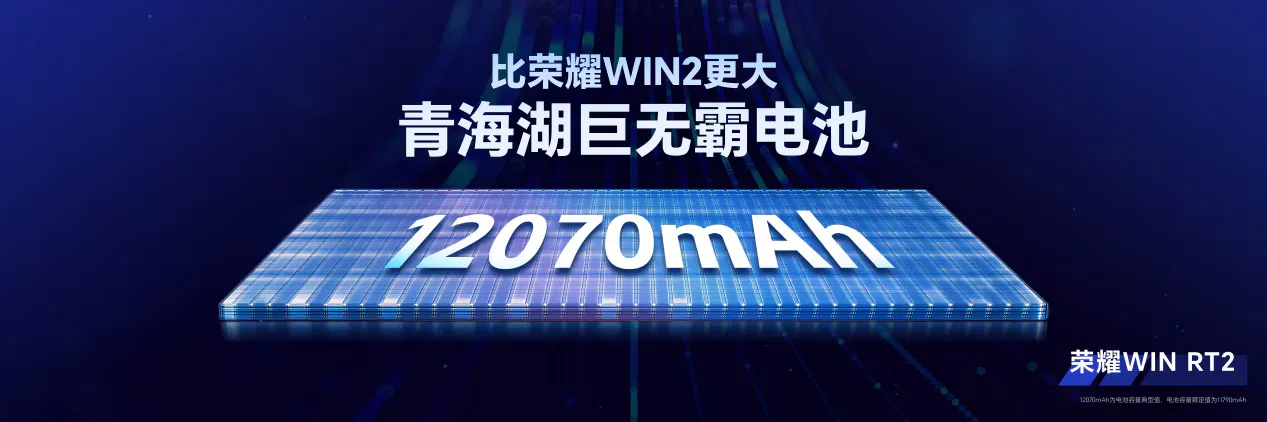 ภาพกราฟิกแบตเตอรี่ 12070mAh ของ HONOR WIN RT2 พร้อมข้อความว่าใหญ่กว่า HONOR WIN2