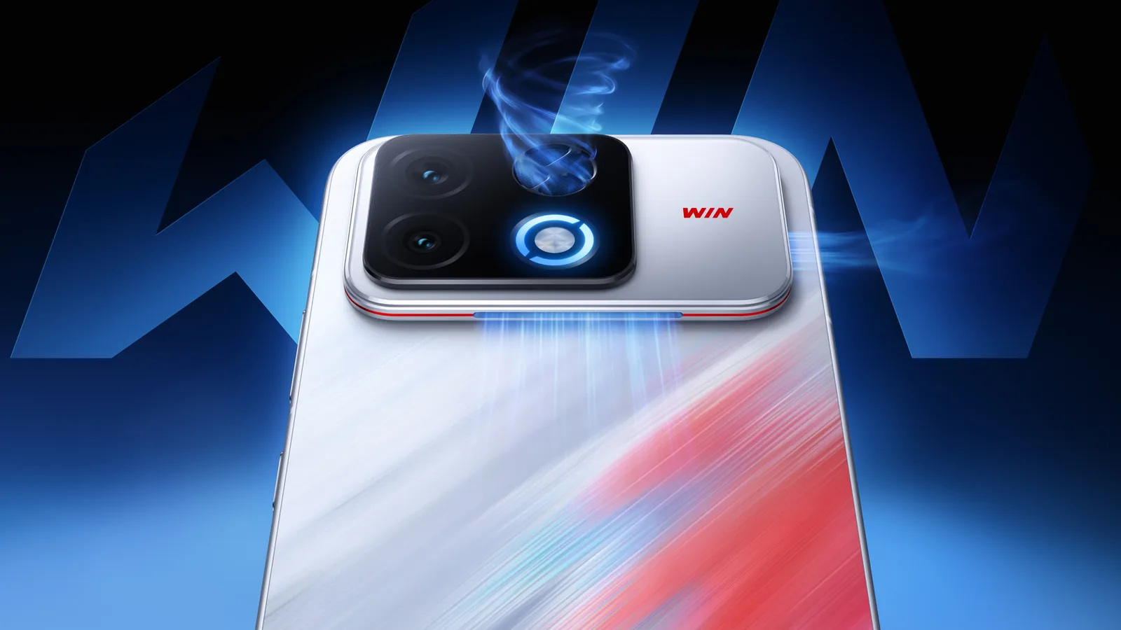ด้านหลังของ HONOR WIN2 สีขาวลายแดงน้ำเงิน มีโลโก้ WIN และภาพลมที่พัดลมดันออกจากช่องระบายด้านข้างโมดูลกล้อง