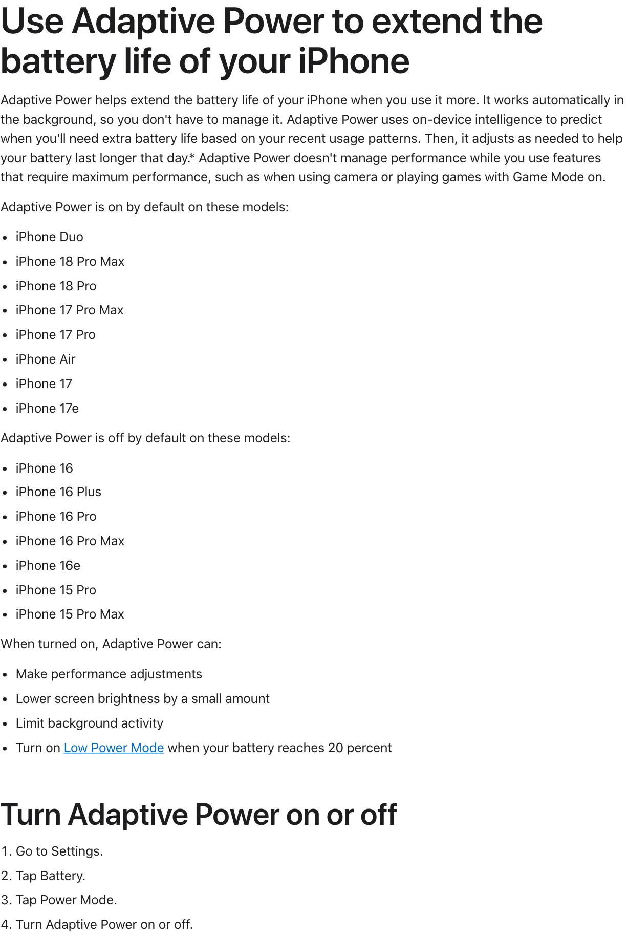 หน้าบริการช่วยเหลือของ Apple ระบุว่า Adaptive Power เปิดอยู่ตามค่าเริ่มต้นเมื่อใช้ iPhone Duo และรุ่นอื่น พร้อมขั้นตอน Settings > Battery > Power Mode