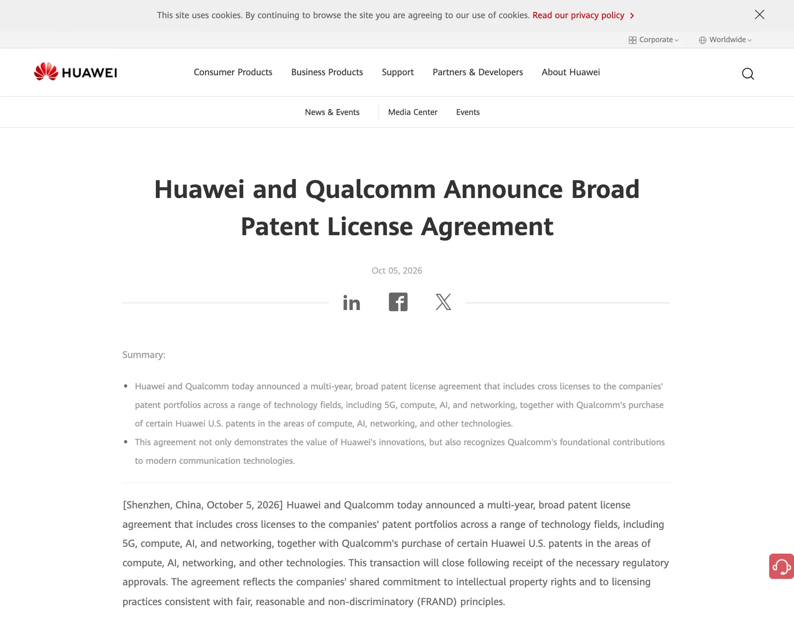 หน้าประกาศ Huawei and Qualcomm Announce Broad Patent License Agreement บนห้องข่าวของ Huawei ลงวันที่ 5 ตุลาคม 2026 สรุปการอนุญาตสิทธิบัตรข้ามกันด้าน 5G, compute, AI และ networking กับการที่ Qualcomm ซื้อสิทธิบัตรสหรัฐฯ บางส่วนของ Huawei