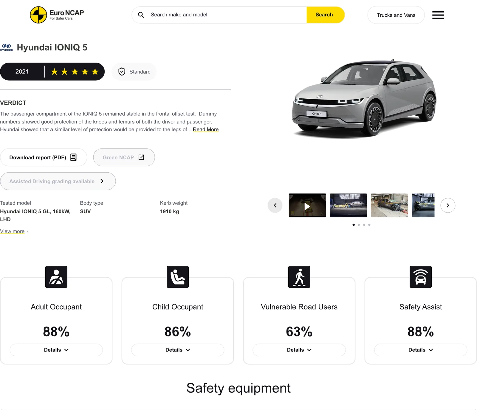 หน้าผลทดสอบ Euro NCAP ของ Hyundai IONIQ 5 ปี 2021 แสดง 5 ดาว คะแนนผู้ใหญ่ 88% เด็ก 86% ผู้ใช้ถนน 63% และระบบช่วย 88%