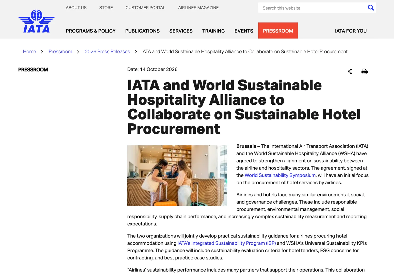 หน้าประกาศของ IATA ลงวันที่ 14 ตุลาคม 2026 เรื่อง IATA and World Sustainable Hospitality Alliance to Collaborate on Sustainable Hotel Procurement แนวทางจัดซื้อโรงแรมยั่งยืนของสายการบิน