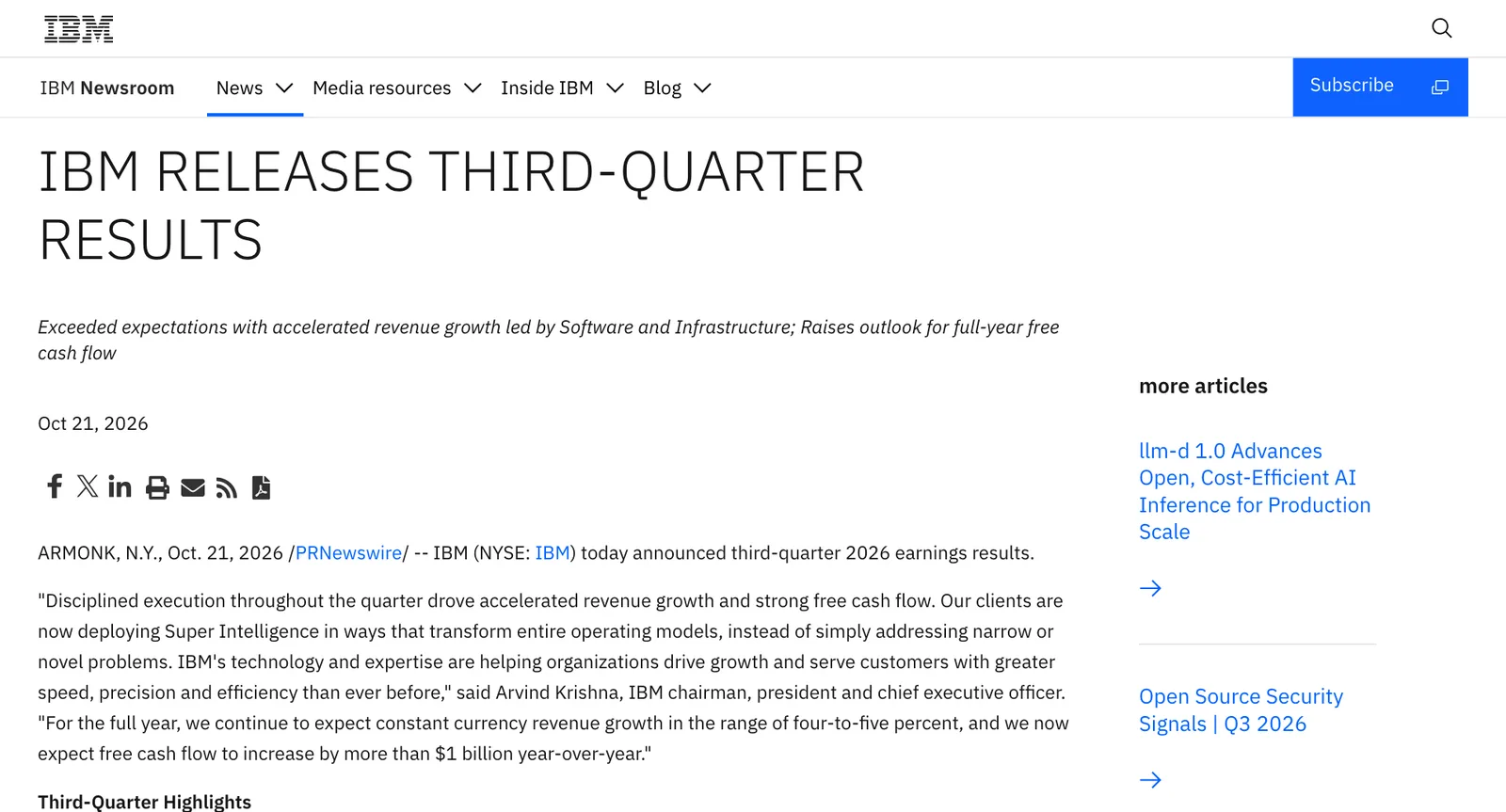 หน้า IBM Newsroom ประกาศ IBM Releases Third-Quarter Results วันที่ 21 ตุลาคม 2026 พร้อมคำกล่าวของ Arvind Krishna เรื่องคาดการณ์รายได้โต 4–5% และกระแสเงินสดอิสระเพิ่มกว่า 1 พันล้านดอลลาร์