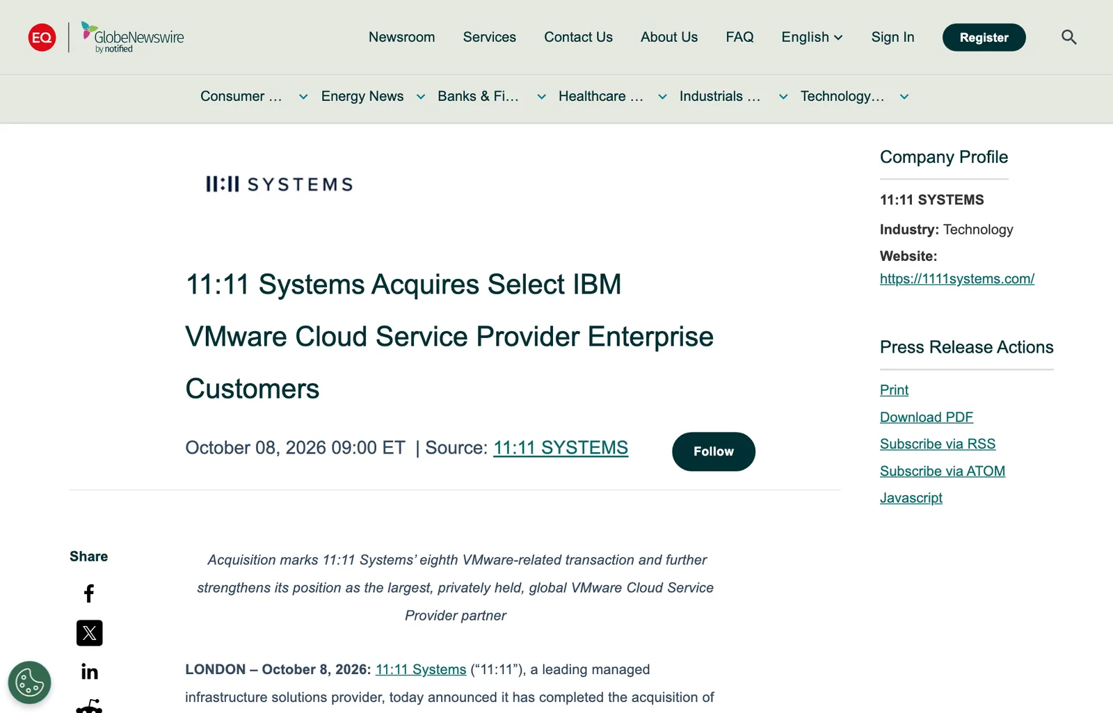 ภาพหน้าจอประกาศของ 11:11 Systems บน GlobeNewswire วันที่ 8 ตุลาคม 2026 เรื่องซื้อกลุ่มลูกค้าองค์กร VMware ของ IBM