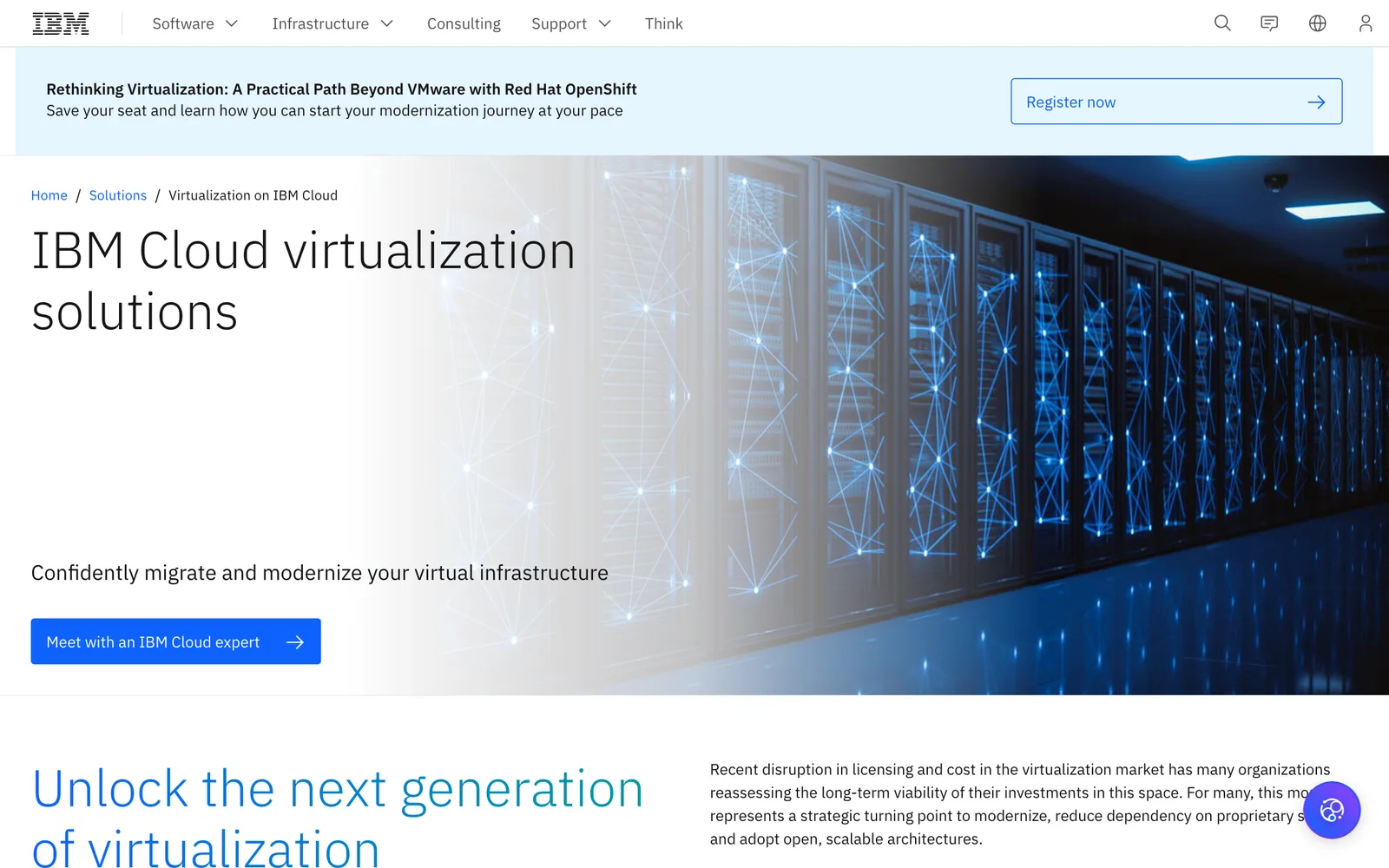 ภาพหน้าจอหน้า IBM Cloud virtualization solutions ที่มีแบนเนอร์ Rethinking Virtualization: A Practical Path Beyond VMware with Red Hat OpenShift