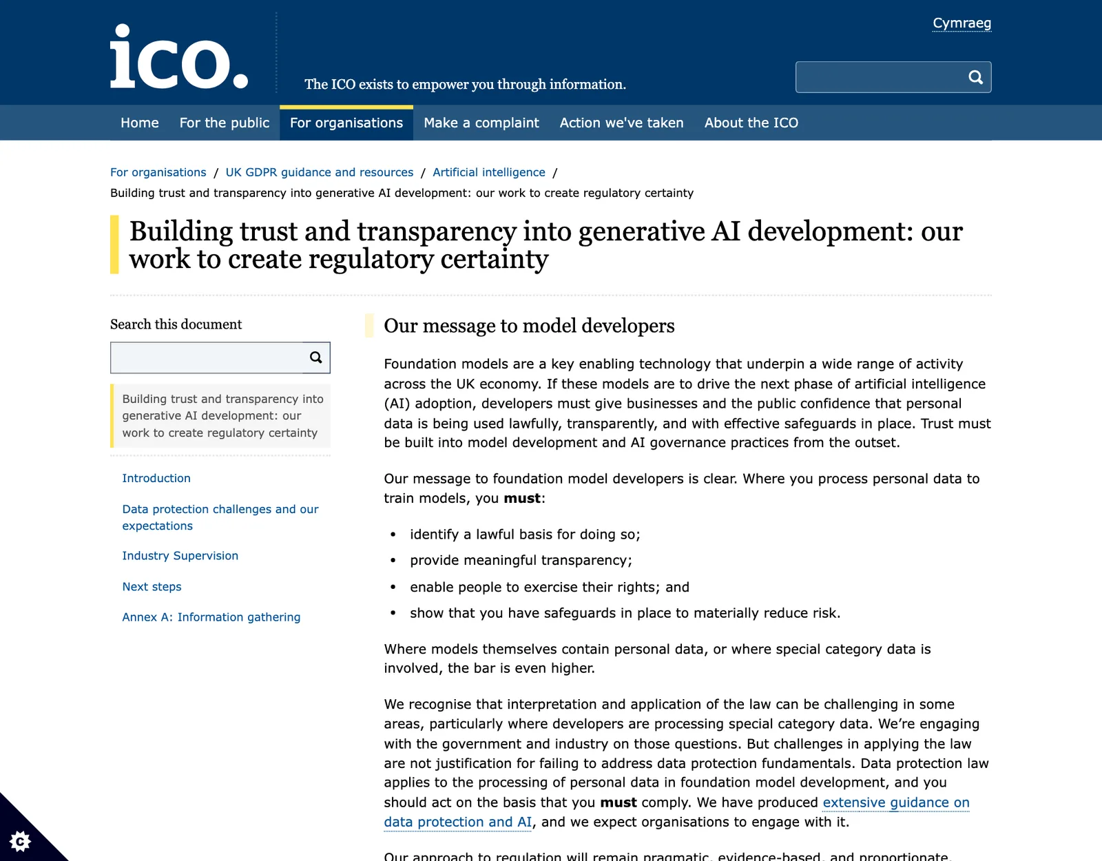 ภาพหน้าจอรายงานของ ICO เรื่อง Building trust and transparency into generative AI development ส่วนสารถึงผู้พัฒนาโมเดล