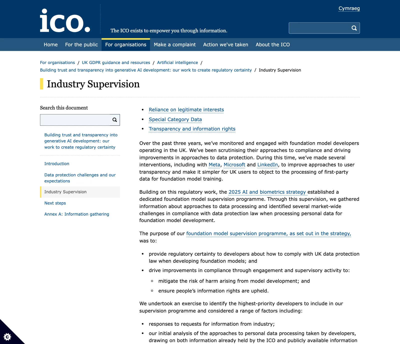 ภาพหน้าจอส่วน Industry Supervision ในรายงานของ ICO ว่าด้วยโครงการกำกับผู้พัฒนา Foundation Model