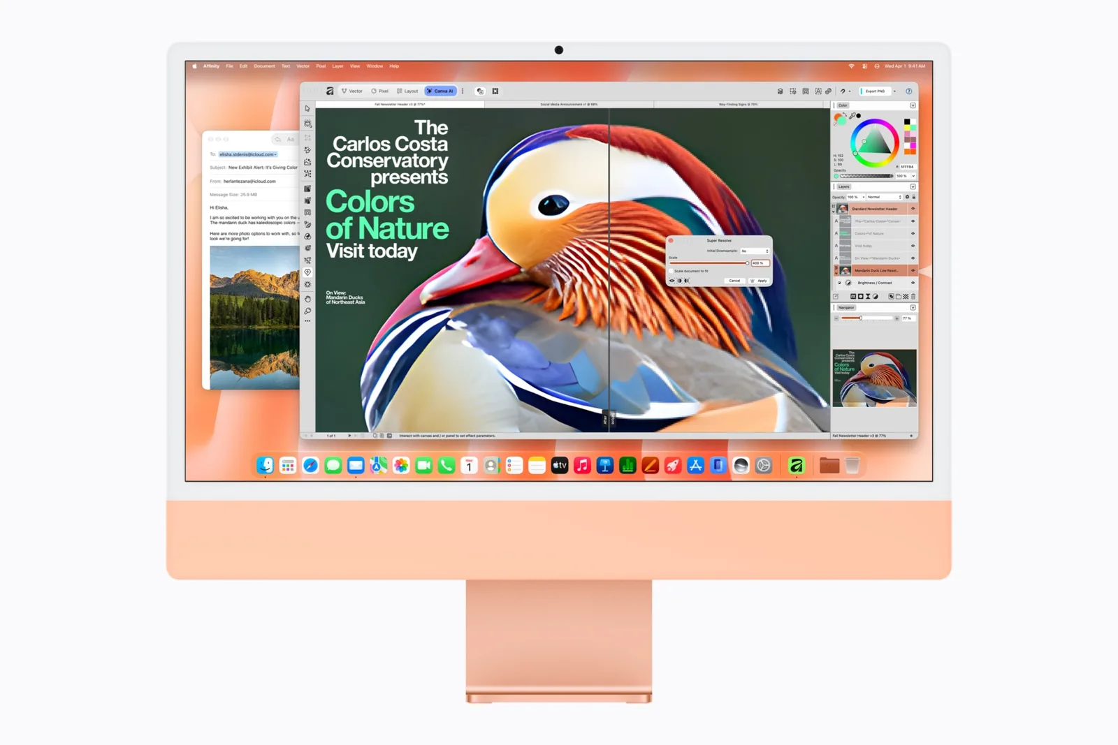 รูปภาพใน Affinity คู่กับแอปเมลบน iMac สีส้ม