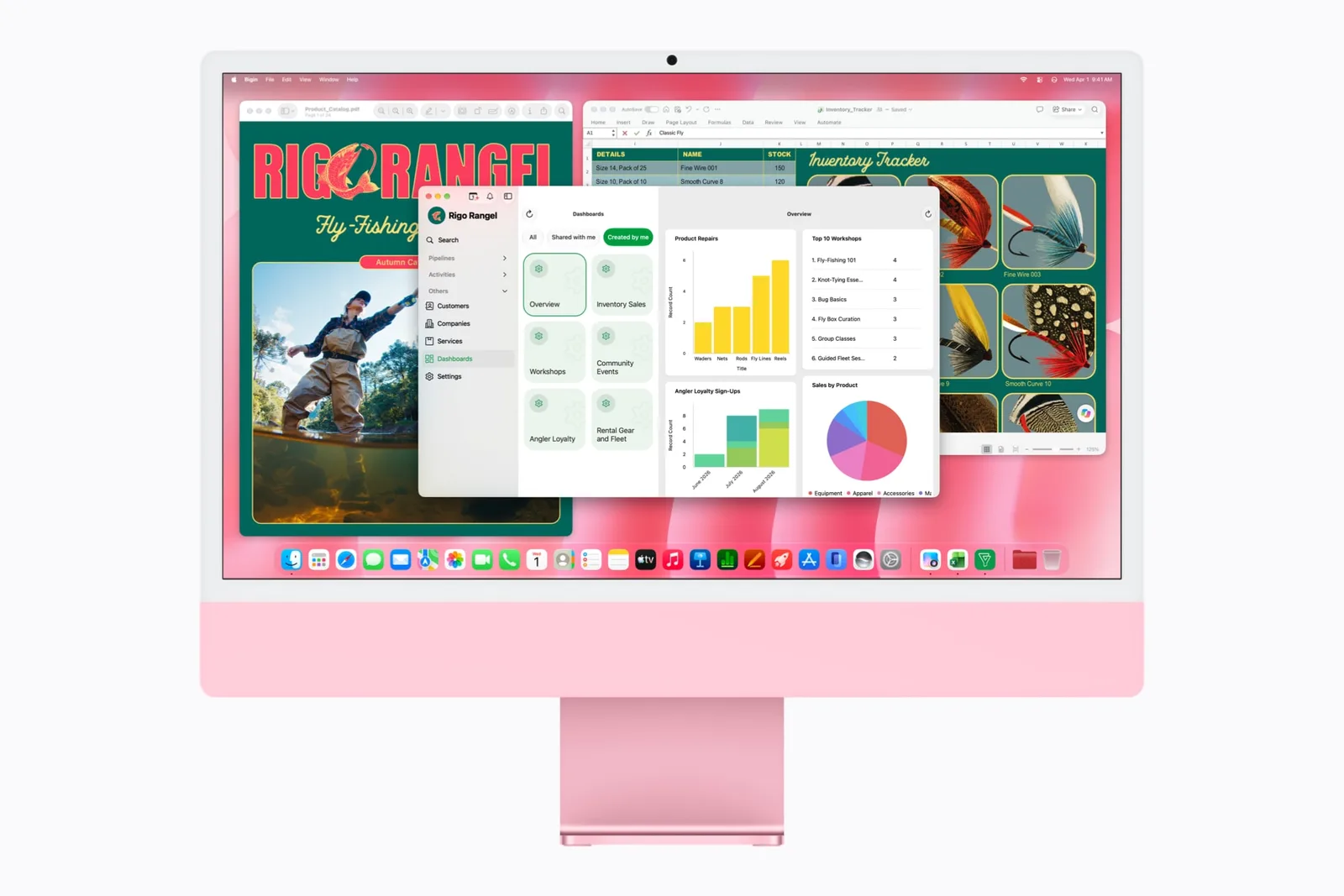 แดชบอร์ดสินค้าใน Bigin by Zoho และตารางใน Microsoft Excel บน iMac สีชมพู