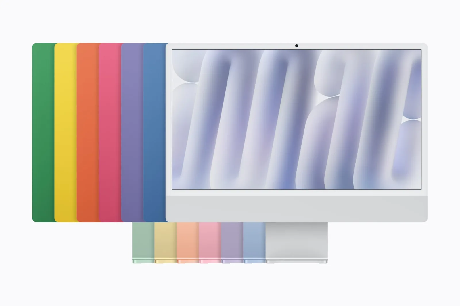 iMac ทั้ง 7 สีวางซ้อนกันมองจากด้านหน้า