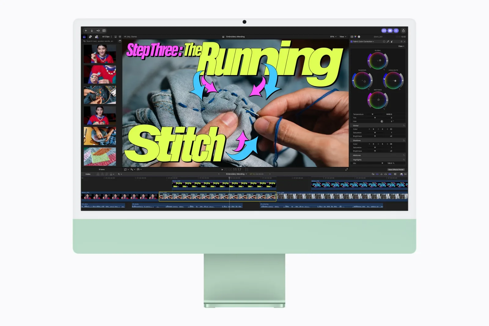 โปรเจกต์ใน Final Cut Pro บน iMac สีเขียว