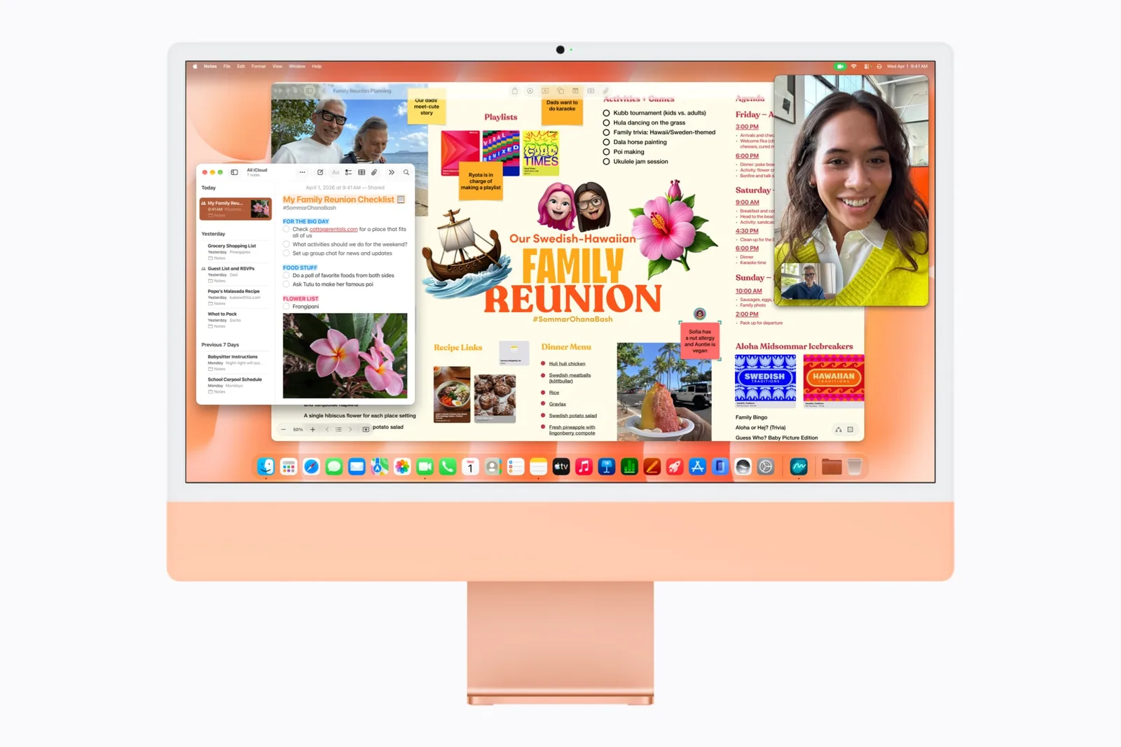 Freeform แอปโน้ต และ FaceTime บน iMac สีส้ม