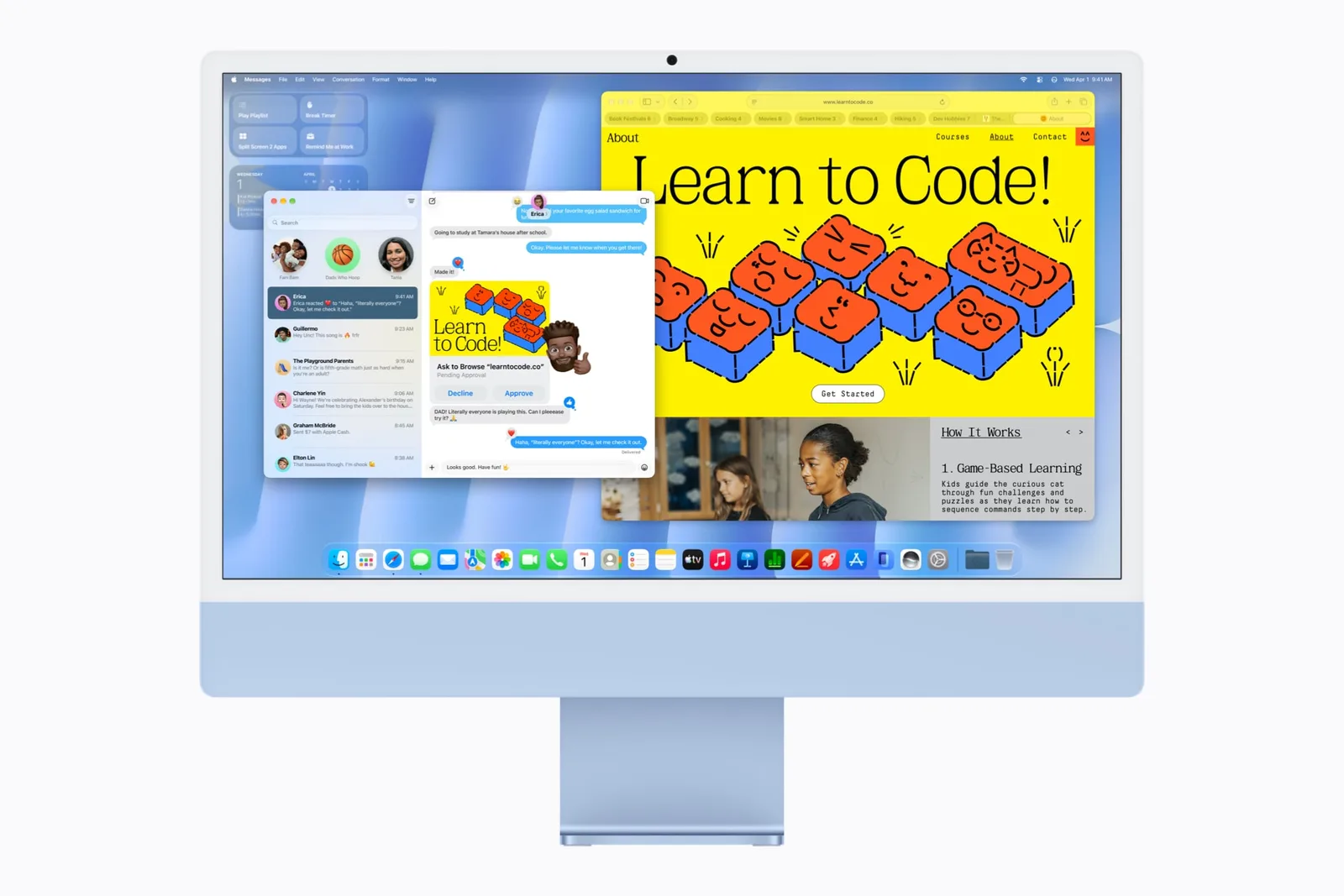 แอปข้อความคู่กับ Safari บน iMac สีฟ้า