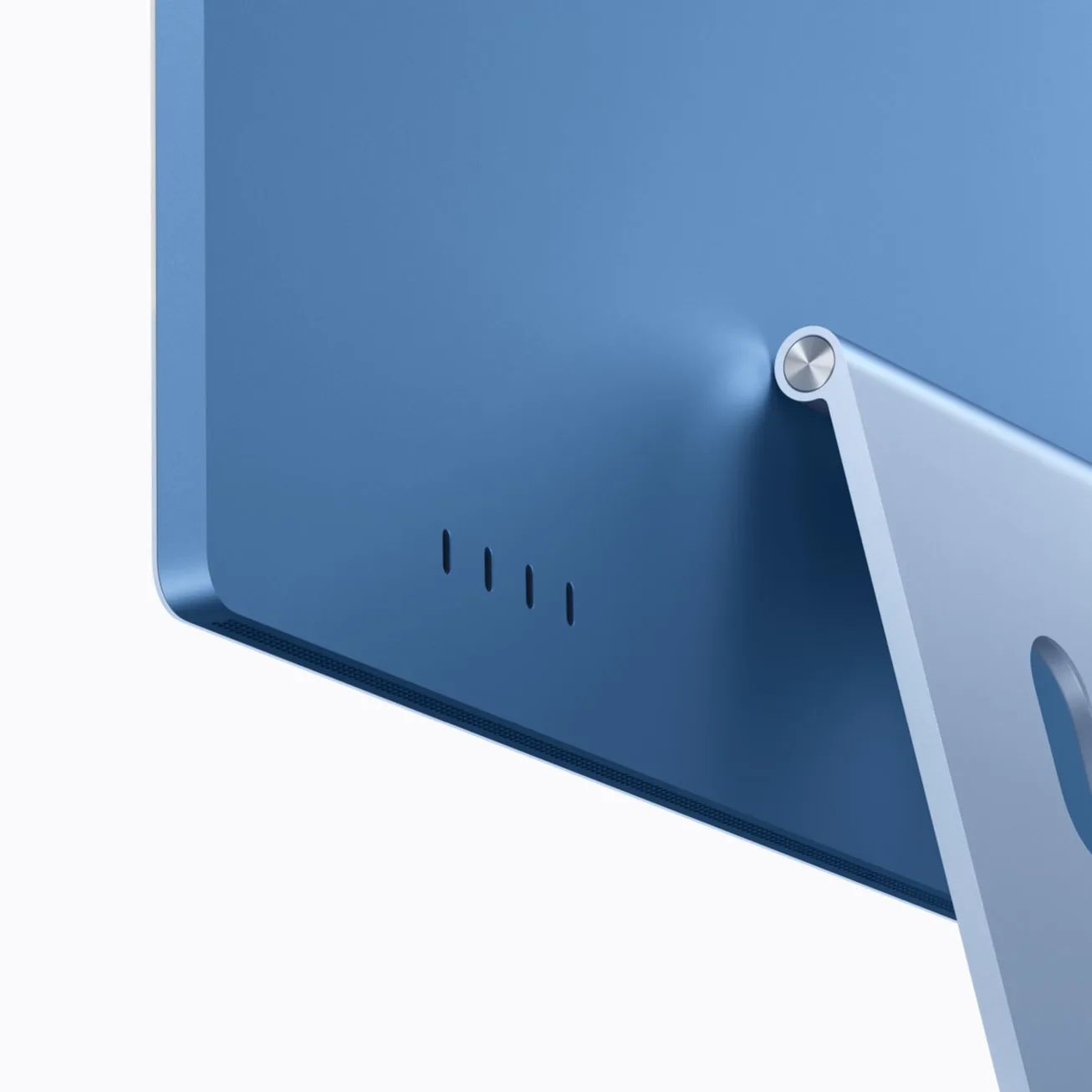 ด้านหลัง iMac สีฟ้า เห็นพอร์ตและฐานตั้ง