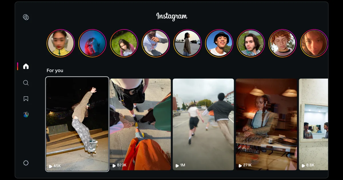 หน้าแรกของแอป Instagram for TV แสดงแถว Stories และวิดีโอแนะนำ For you บนจอทีวี
