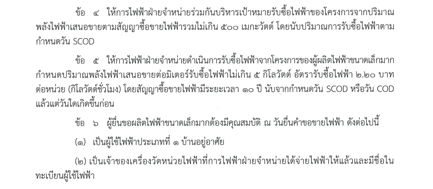ข้อ 4 ถึงข้อ 6 ของประกาศ กกพ. เรื่องเชิญชวนการรับซื้อไฟฟ้าโซลาร์ภาคประชาชนประเภทบ้านอยู่อาศัย พ.ศ. 2569 กำหนดเป้า 500 เมกะวัตต์ ไม่เกิน 5 กิโลวัตต์ต่อมิเตอร์ 2.20 บาทต่อหน่วย สัญญา 10 ปี และคุณสมบัติผู้ยื่น