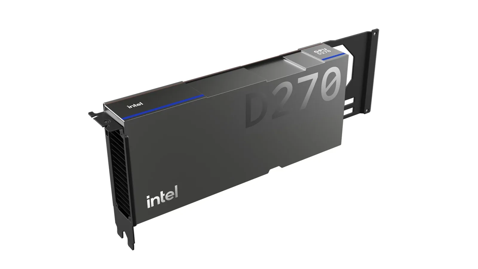 ภาพเรนเดอร์การ์ด Intel GPU D-series แบบ PCIe สีดำ มีโลโก้ Intel และแผงระบายความร้อนที่ขายึดด้านหลัง