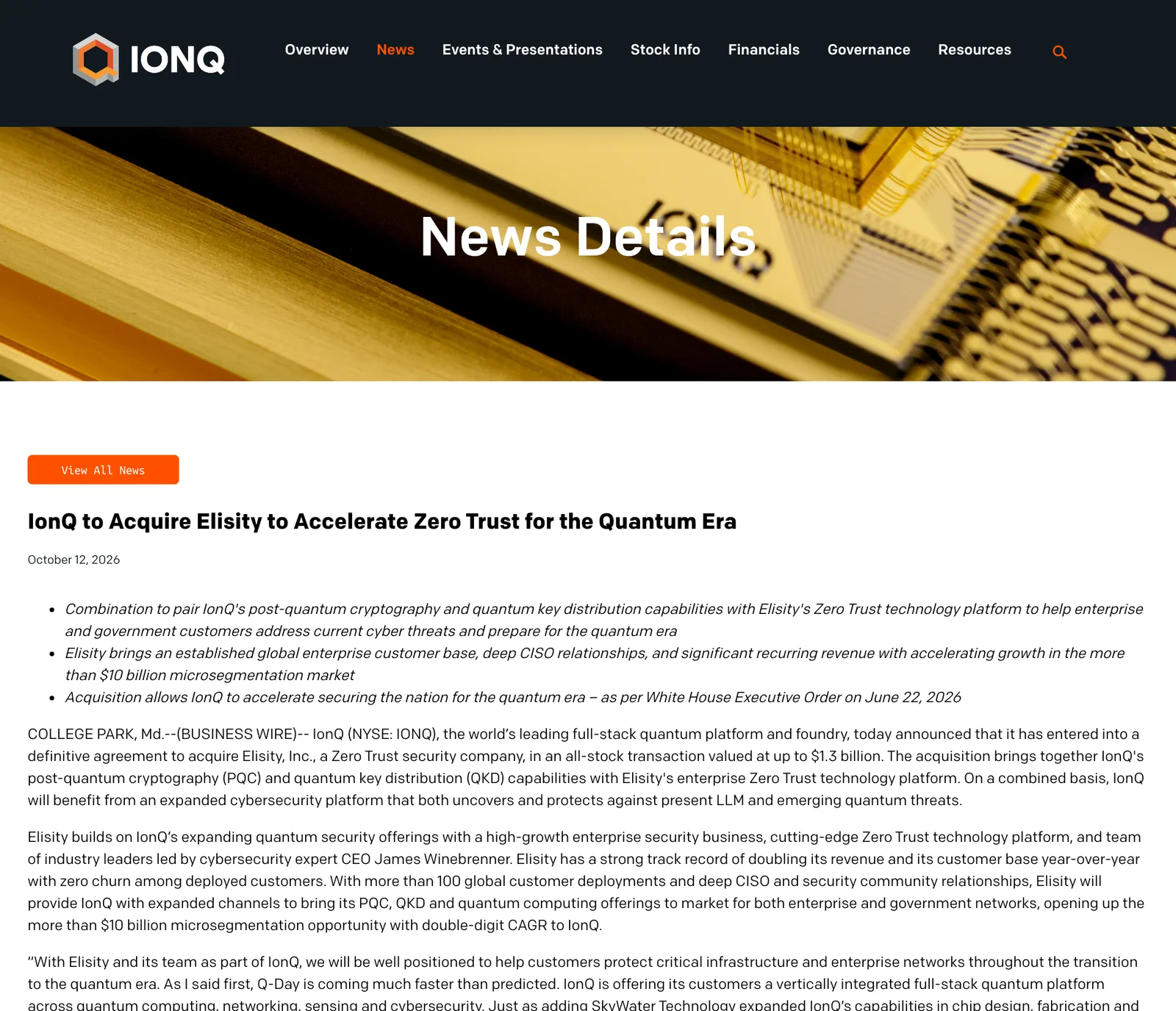 ภาพหน้าจอประกาศของ IonQ ลงวันที่ 12 ตุลาคม 2026 เรื่อง IonQ to Acquire Elisity to Accelerate Zero Trust for the Quantum Era ระบุการซื้อด้วยหุ้นมูลค่าสูงสุด 1,300 ล้านดอลลาร์