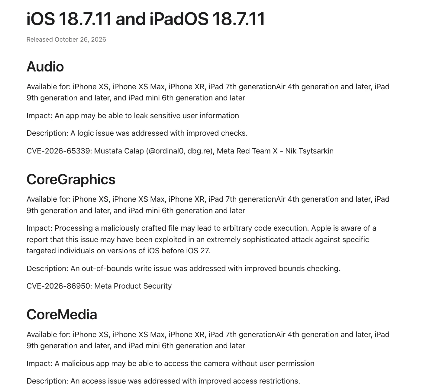 หน้าประกาศความปลอดภัยของ iOS 18.7.11 และ iPadOS 18.7.11 ของ Apple เผยแพร่ 26 ตุลาคม 2026 รายการ CoreGraphics ระบุ CVE-2026-86950 ว่าอาจถูกใช้โจมตีบุคคลเป้าหมายบน iOS ก่อน iOS 27
