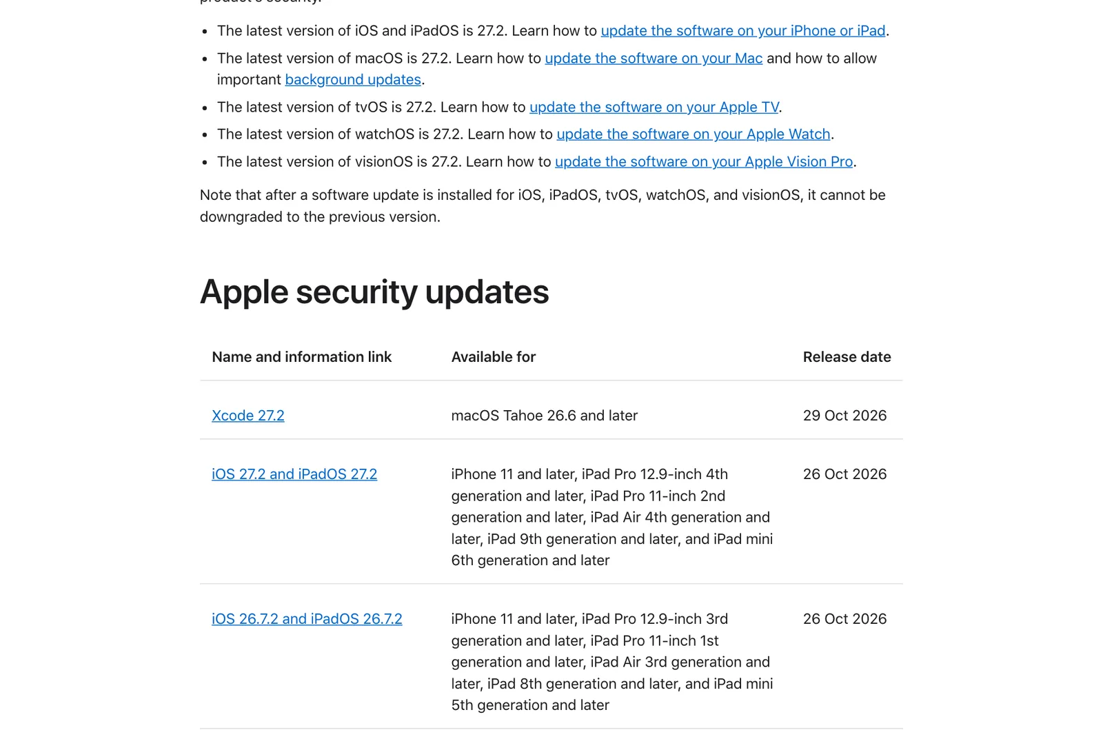 หน้า Apple security releases แสดง iOS 27.2 iOS 26.7.2 และ iOS 18.7.11 วันที่ 26 ตุลาคม 2026